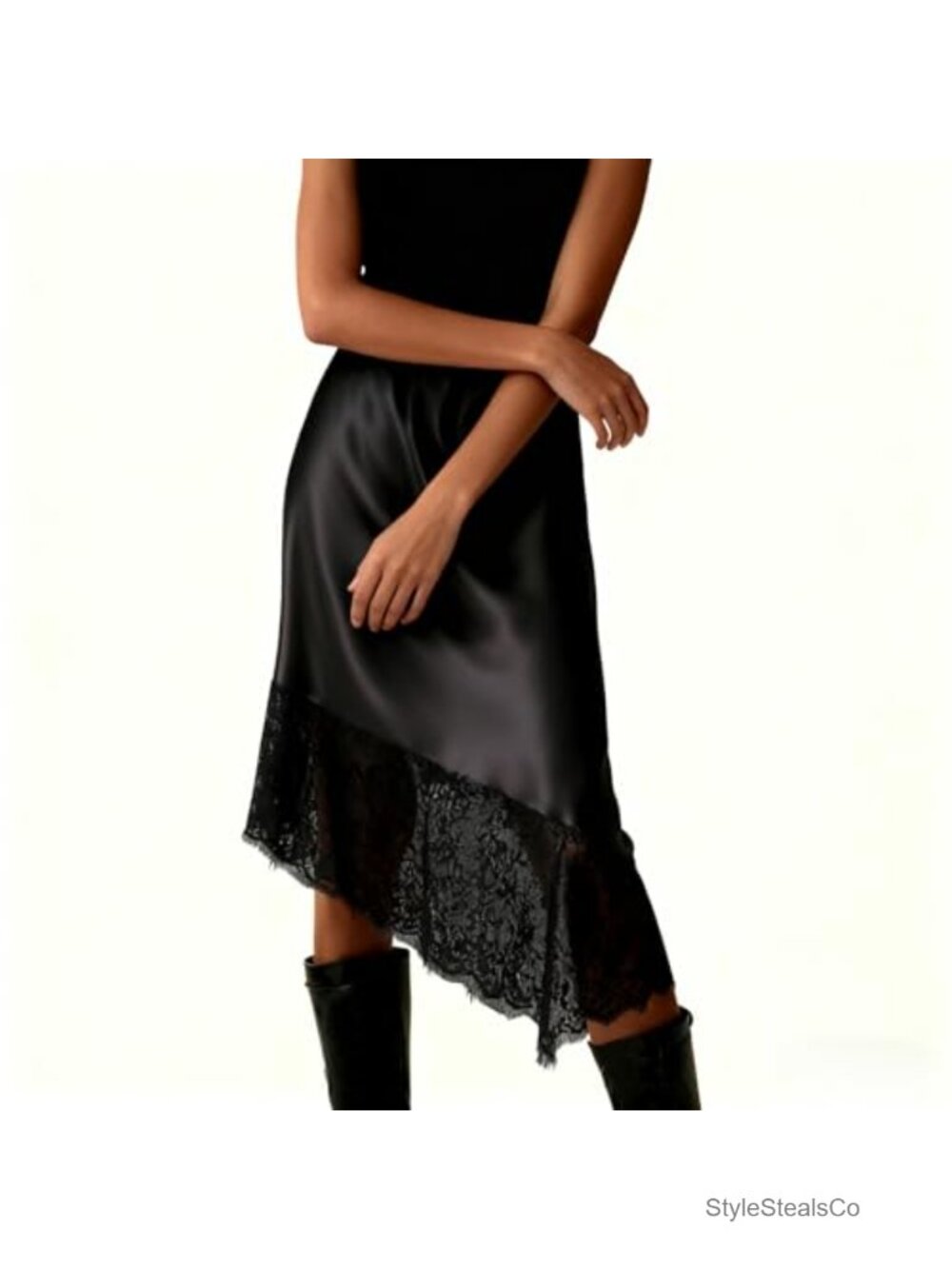 Satin Lace Long Maxi Skirt High Waist A Line Half Slip - Picture 3 of 5
